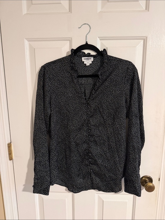 Express Tops - Express Black Polka Dot Ruffle-Neck Blouse